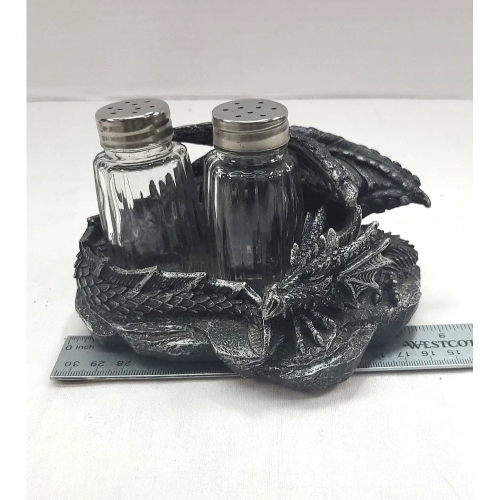Sleeping Dragon Glass Salt and Pepper Shaker Set with Decorative Holder Display